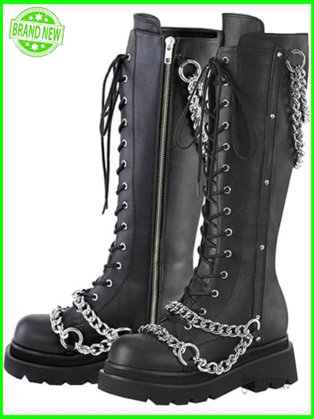 Goth Knee High Platform Combat Boots with Chain Lace Up Chunky Heel Motorcycle